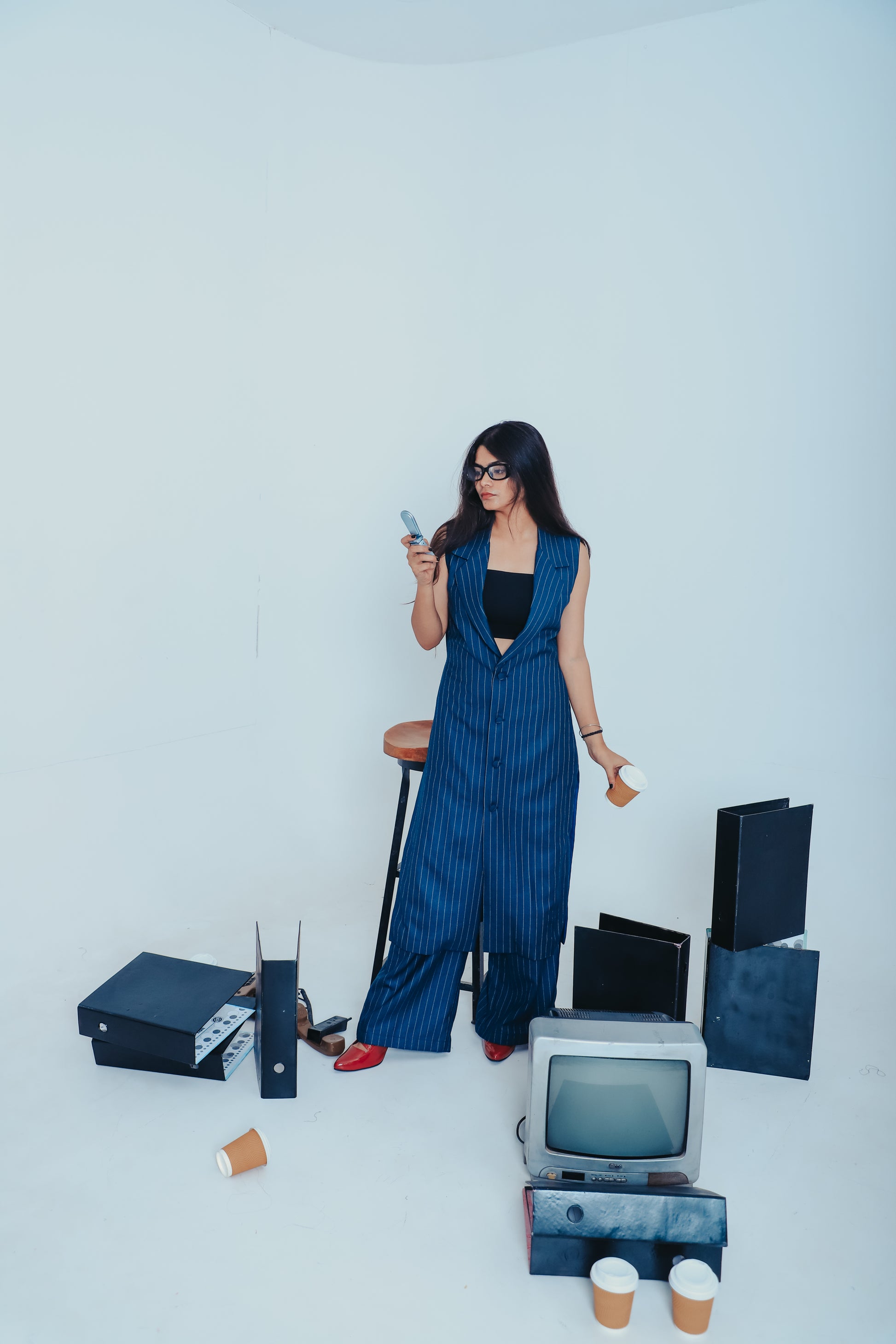 navy formal co-ord India, women’s formal blue wear, blue suiting in India, assertive businesswear, striking striped pantsuit, power woman style, blue vertical stripe suit, structured WERQ co-ord, elongated silhouette suit, tailored for Indian professional