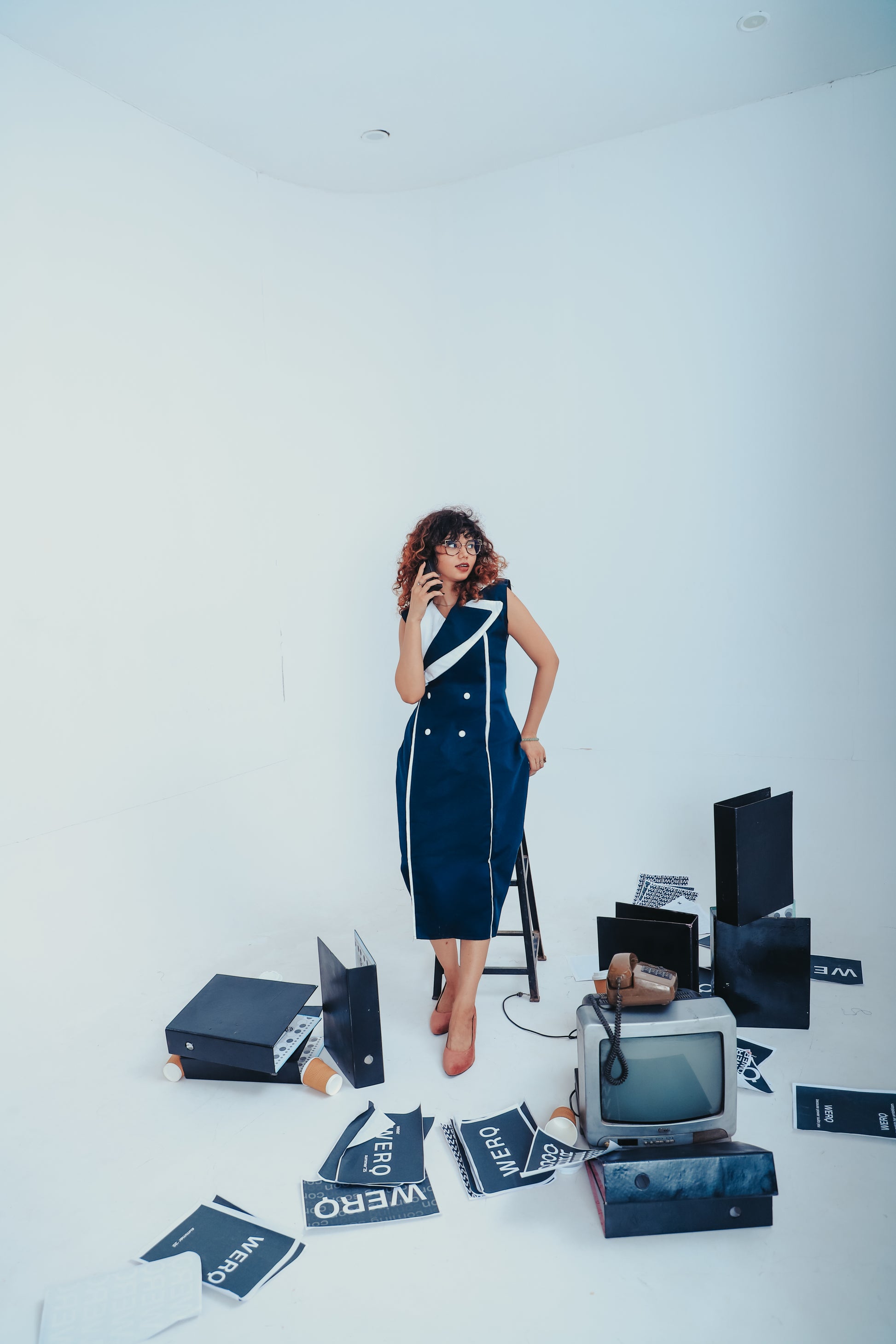 WERQ Origin dress, blue office dress women, fitted formal dress India, navy power dressing, double-breasted design, blazer-inspired women’s dress, Indian professionalwear, smart workwear dress, corporate chic style, modern feminine silhouette, collar deta
