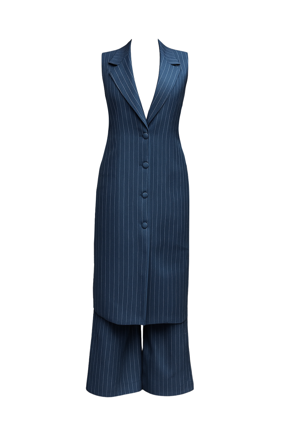 The Executive Set – Blue Pinstripe Co-ord Set with Wide-leg Pants and Long Jacket