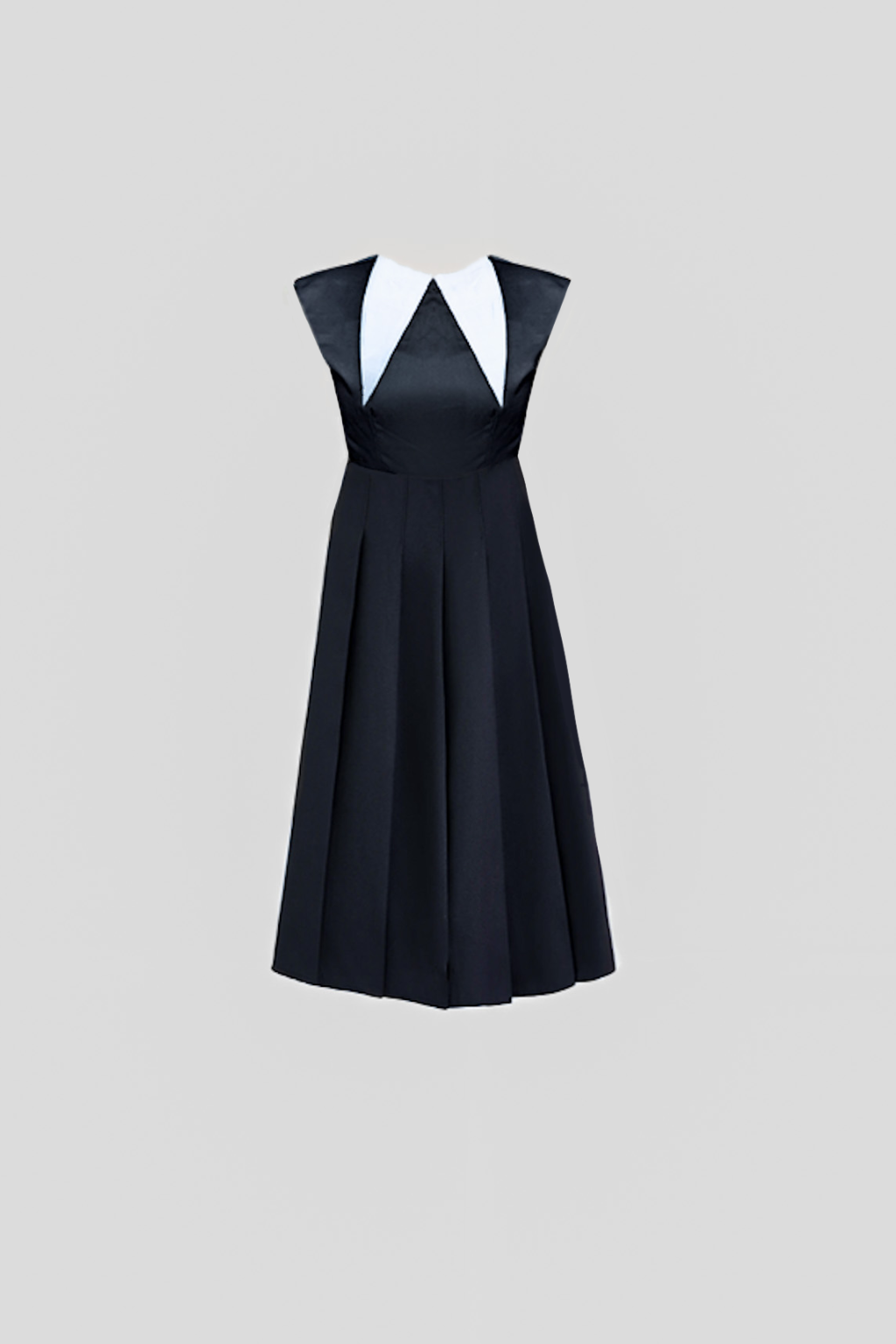 The Takeover Dress – Black Pleated Dress with White Collar