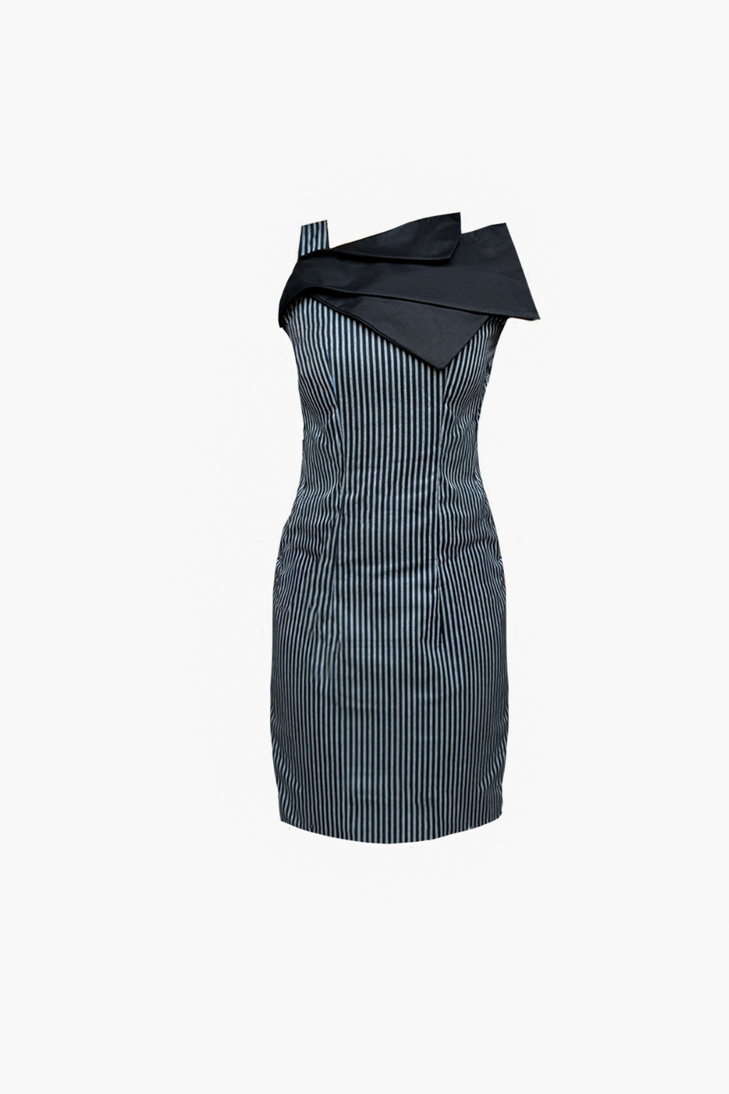 The Fold Dress – Black Pinstripe Dress with Sculpted Neckline