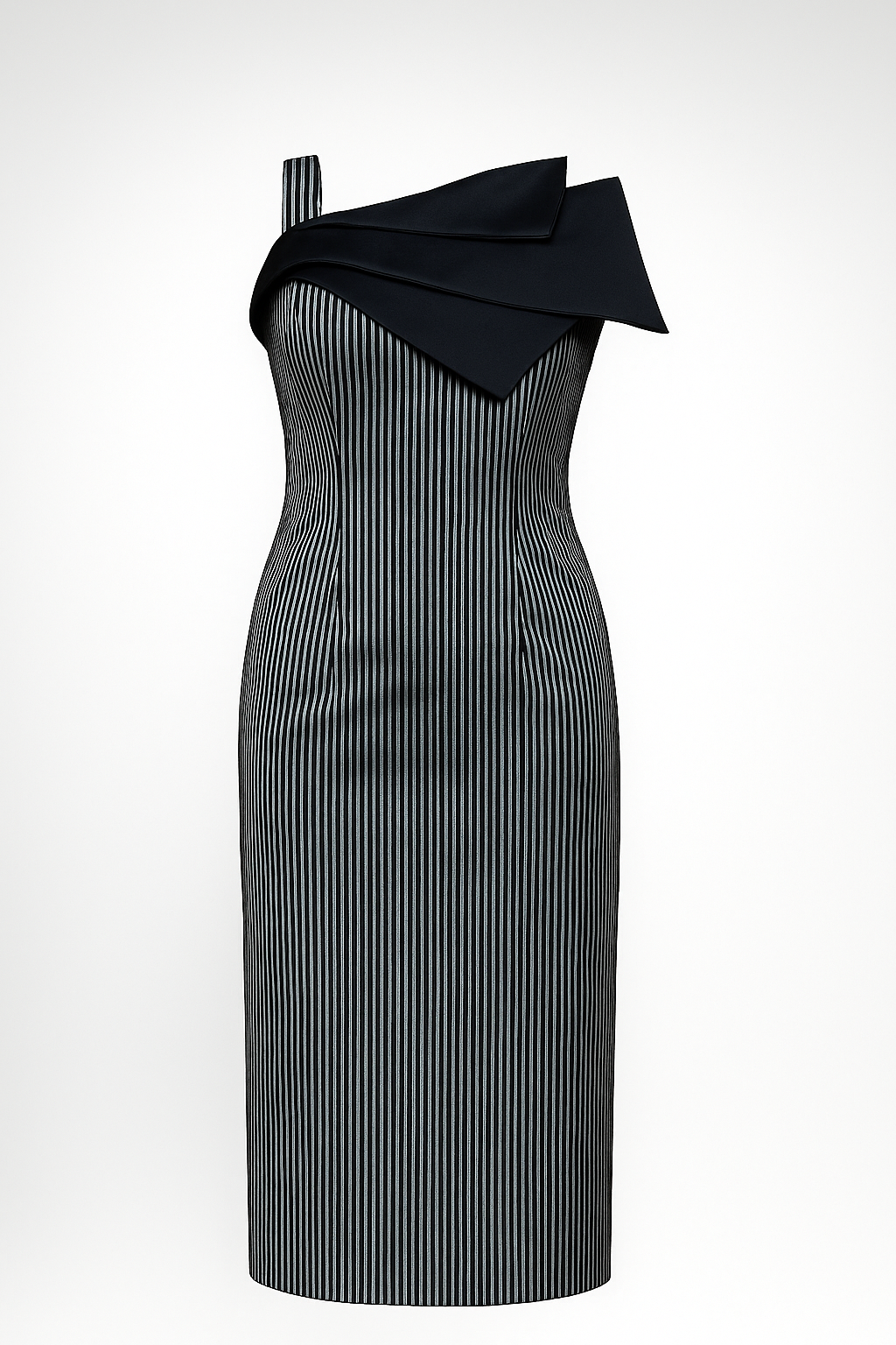 The Fold Dress – Black Pinstripe Dress with Structured Neckline