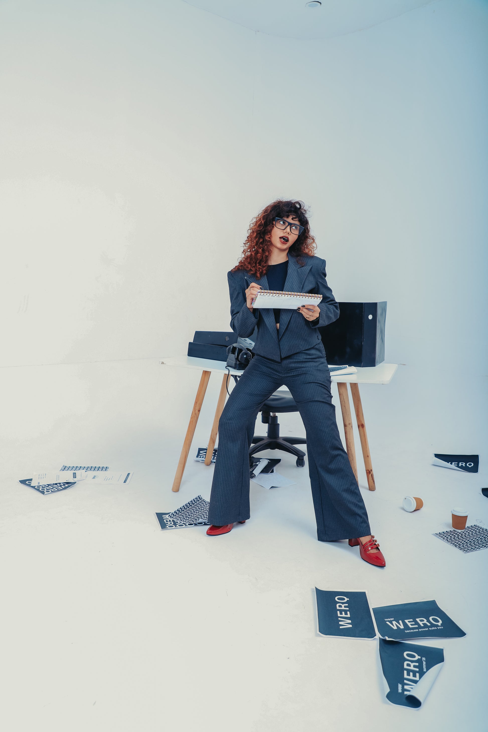 sustainable workwear, ethical office fashion, eco-friendly formal clothing, tailored orange peel fabric suit  WERQ women’s suits, modern grey formalwear India, executive dressing, women in leadership outfits