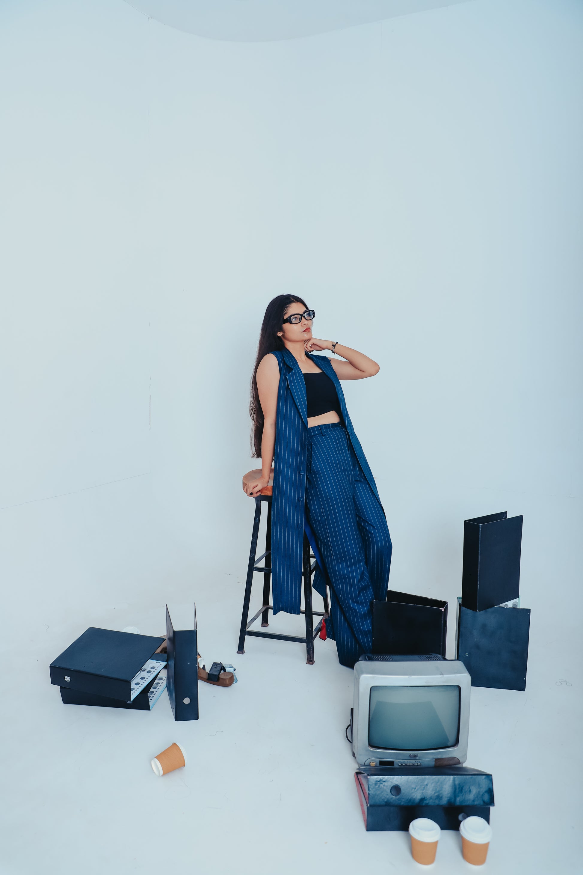  blue pinstripe co-ord set, wide-leg pant suit for women, structured long jacket suit, formal suit for office wear, professional navy striped suit, women’s boardroom attire, tailored blue business suit, Indian formalwear for women, executive blue suit, wo