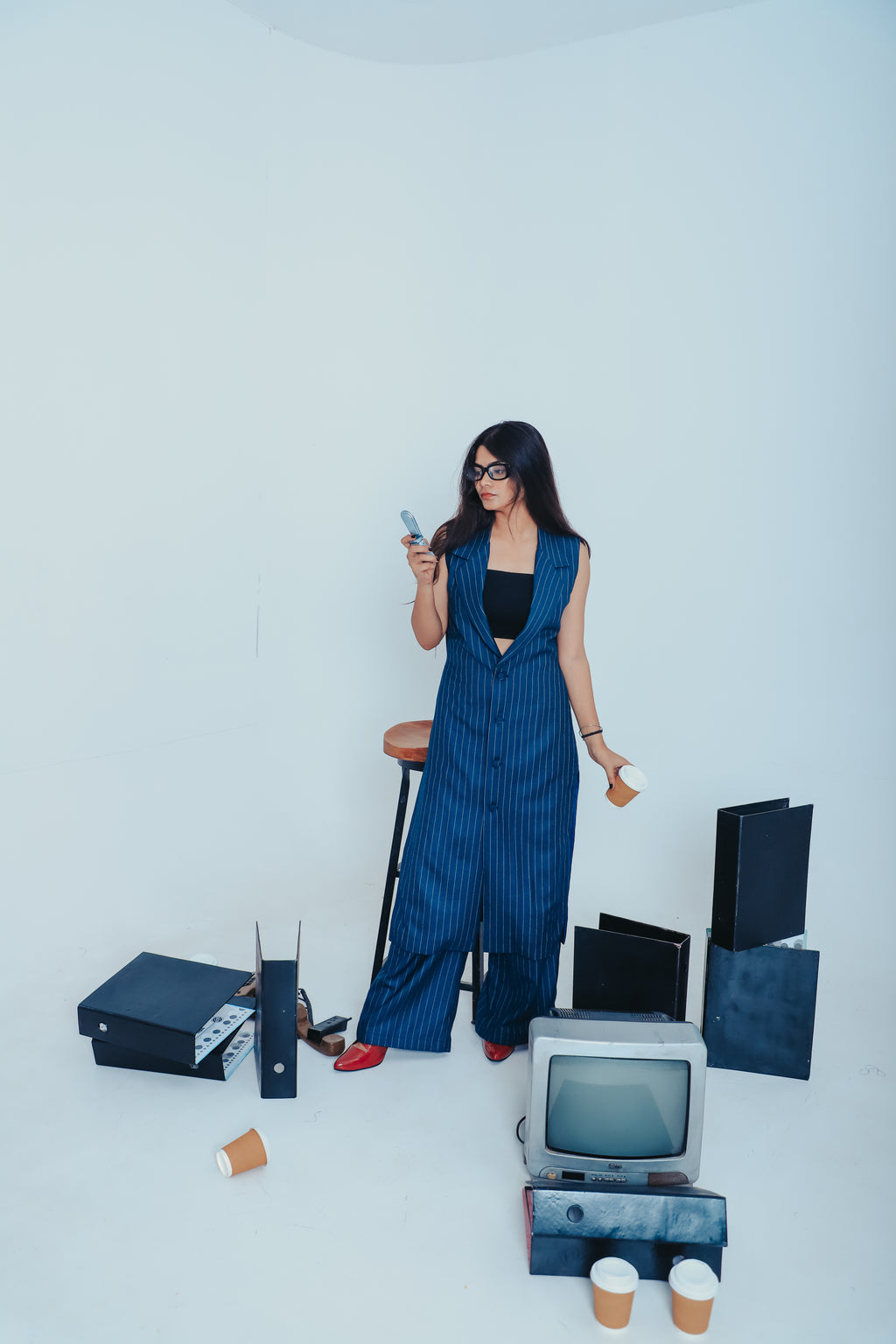 navy formal co-ord India, women’s formal blue wear, blue suiting in India, assertive businesswear, striking striped pantsuit, power woman style, blue vertical stripe suit, structured WERQ co-ord, elongated silhouette suit, tailored for Indian professional
