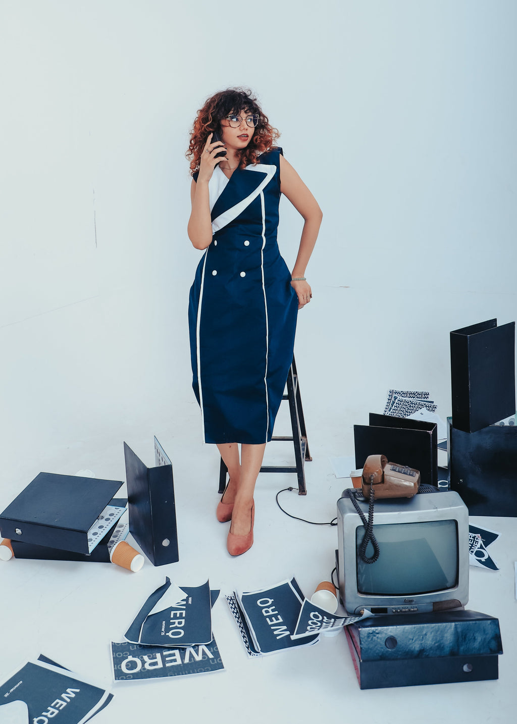 The Origin Dress – Blue Double-Breasted Dress with Designer Lapel