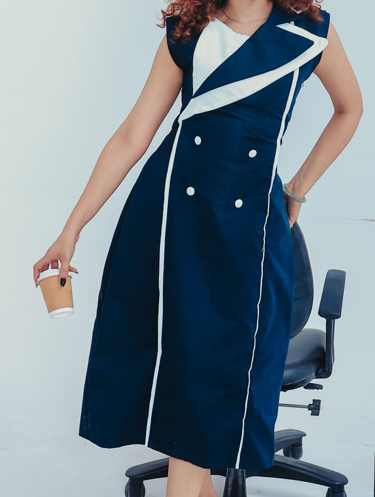 elevated blazer dress India, modern officewear India, smart formalwear dress, double-breasted women’s fashion, confident blue outfit, WERQ fashion statement, blue workwear style, boardroom fashion India, structured silhouette dress, leadership wear for wo