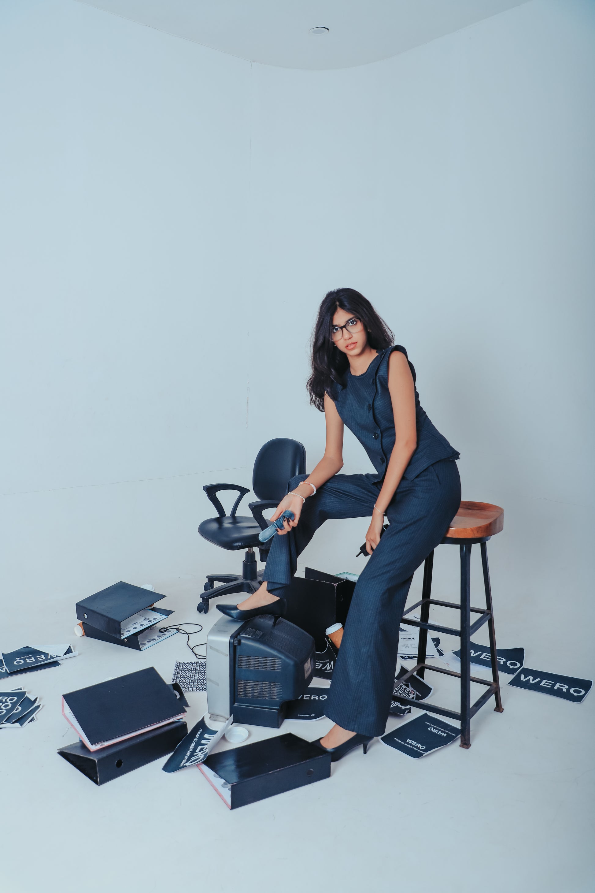 grey pinstripe co-ord, women’s officewear India, WERQ tailored set, boot-cut trousers women, structured co-ord outfit, feminine power dressing, fitted blazer and pants, Indian formalwear co-ord, smart business fashion, modern women’s workwear, grey struct