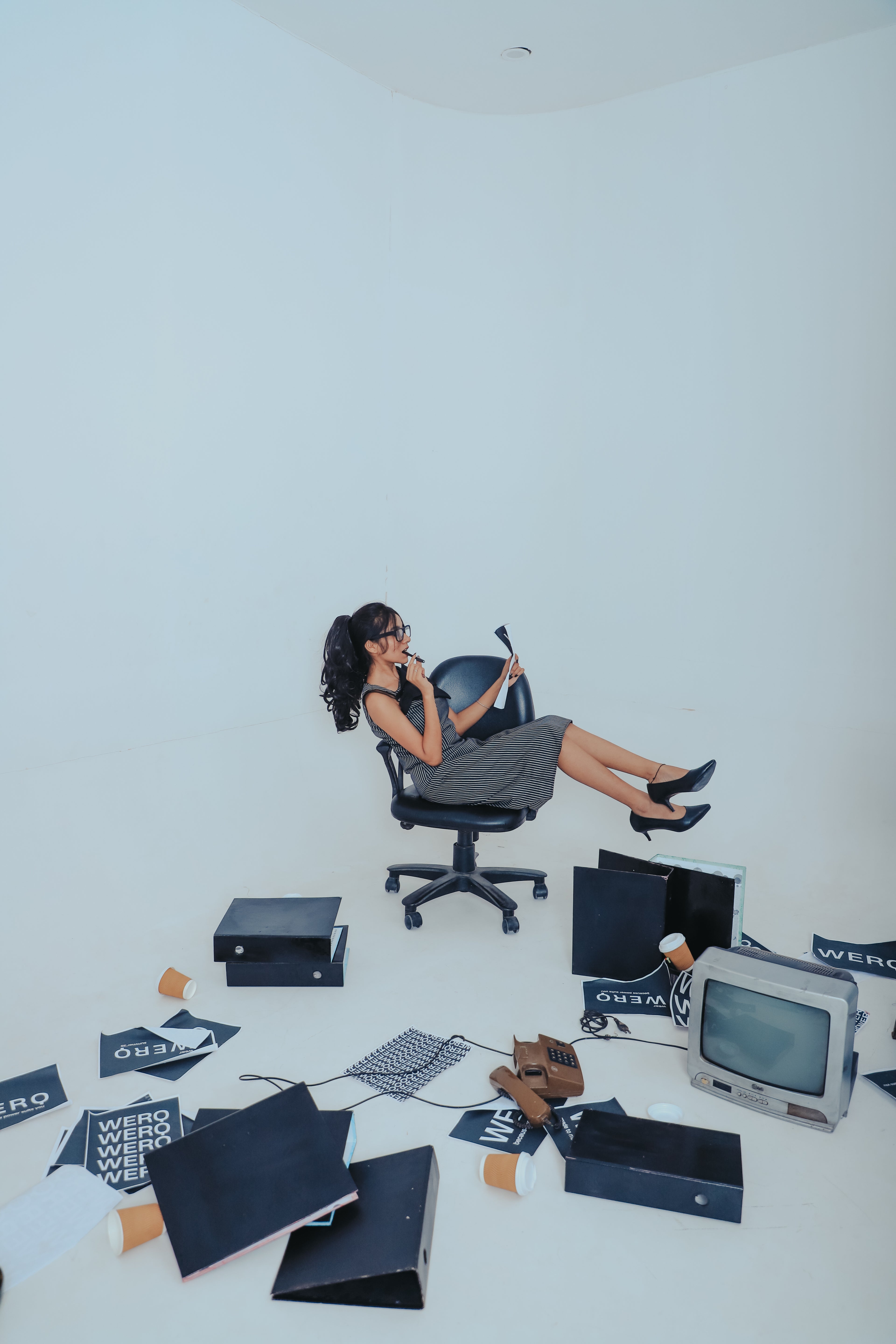 The Fold Dress – Black Pinstripe Dress with Sculpted Neckline