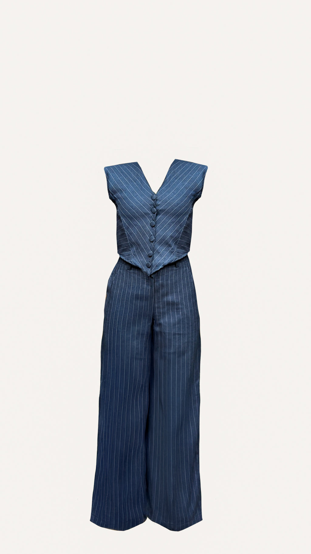 pinstripe blue formalwear set, two-piece formal suit for women, WERQ fashion co-ord India, refined workwear, power suiting for women, wide-leg tailored pant co-ord, confident work look, soft structured suit, blue striped fashion set, blazer trousers for o