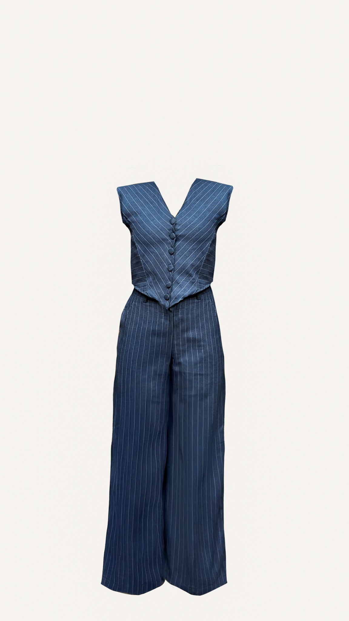 pinstripe blue formalwear set, two-piece formal suit for women, WERQ fashion co-ord India, refined workwear, power suiting for women, wide-leg tailored pant co-ord, confident work look, soft structured suit, blue striped fashion set, blazer trousers for o