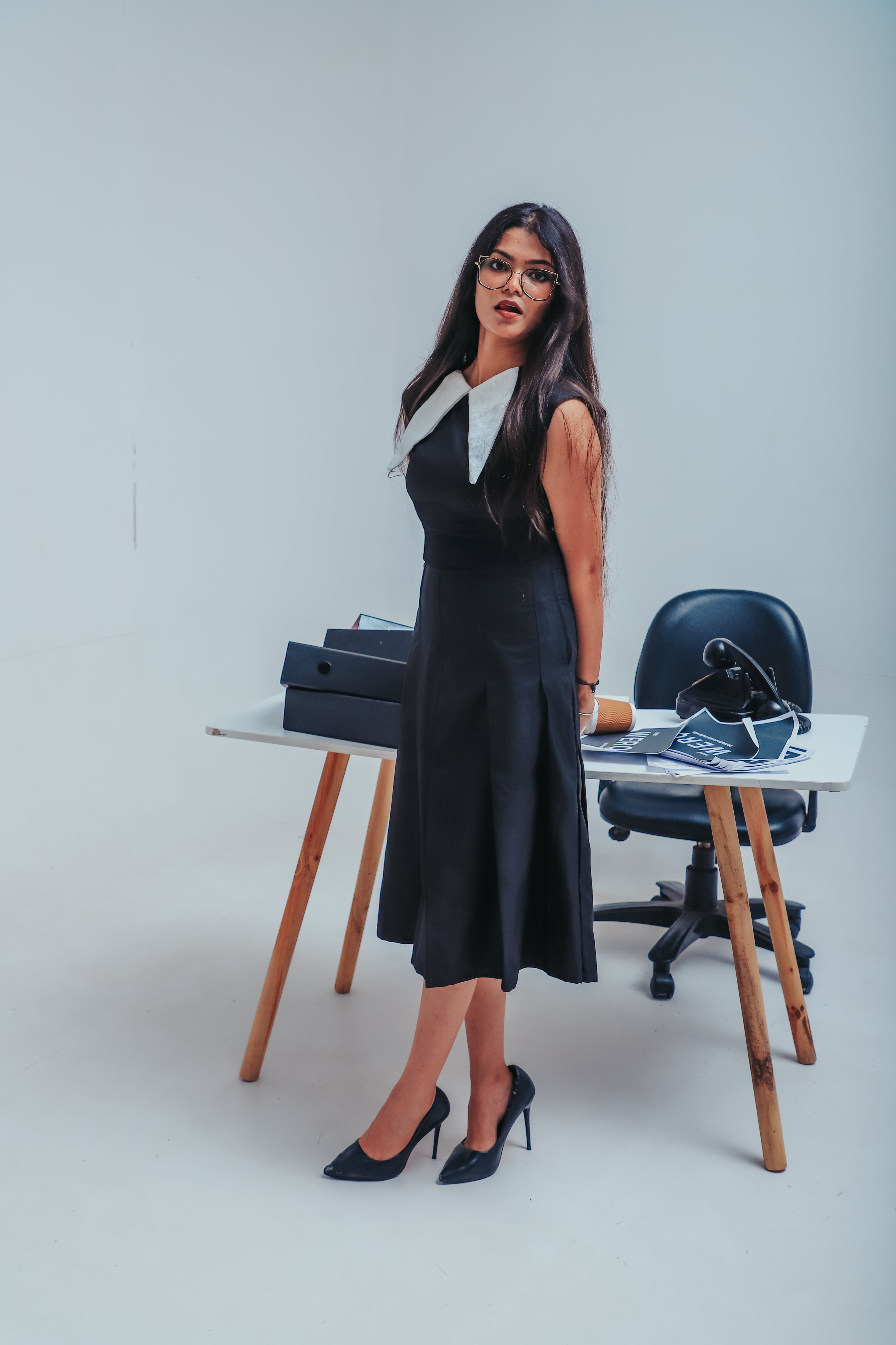 The Takeover Dress – Black Pleated Dress with White Collar