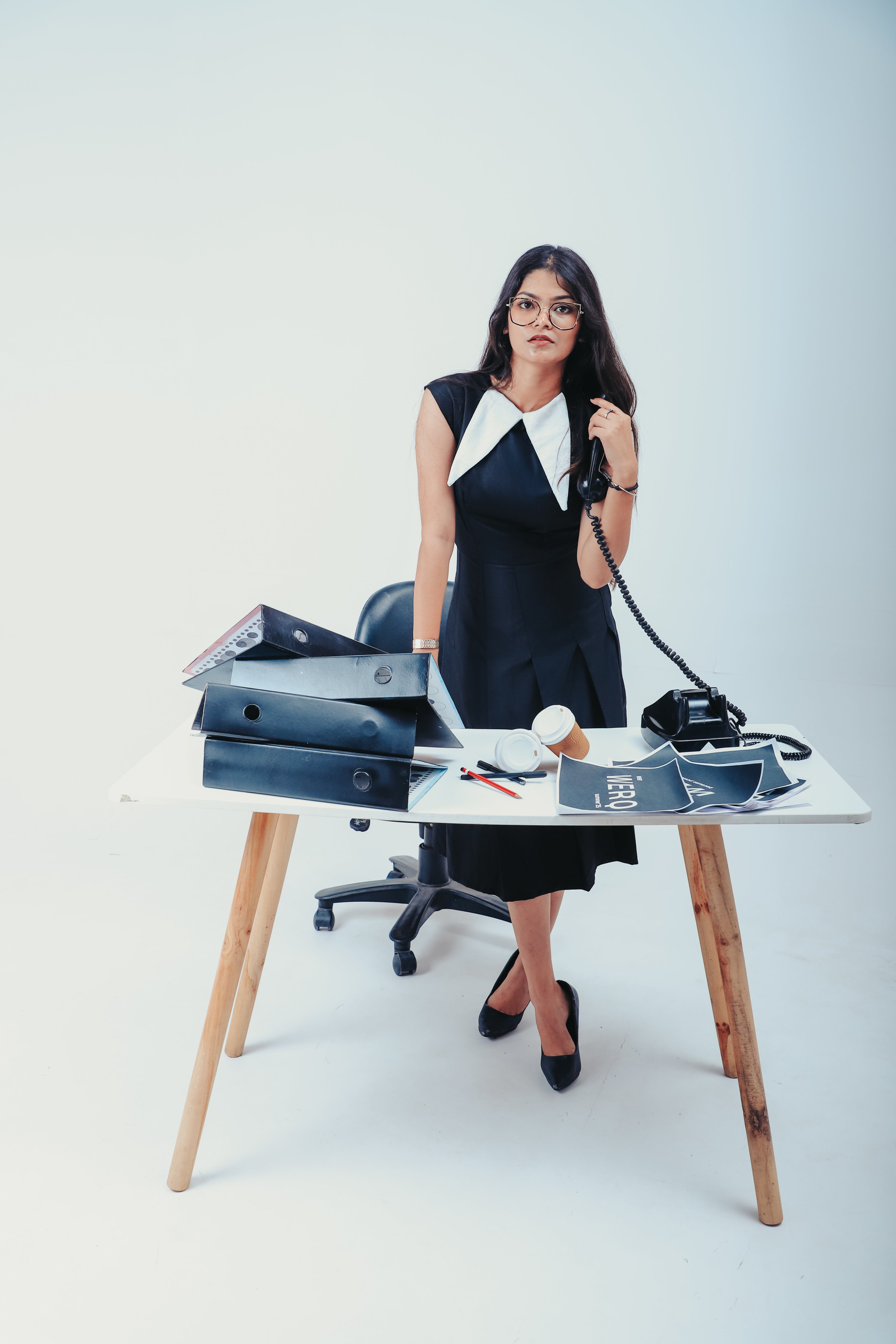 The Takeover Dress – Black Pleated Dress with White Collar