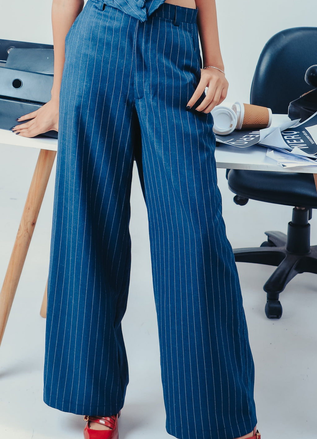 blue co-ord pant suit for women, pinstripe blazer wide-leg pants, tailored office set for women, Indian formalwear brand, workwear for women in India, smart power suit, structured co-ord outfit, boss-ready blue pantsuit, designer work outfit for Indian wo