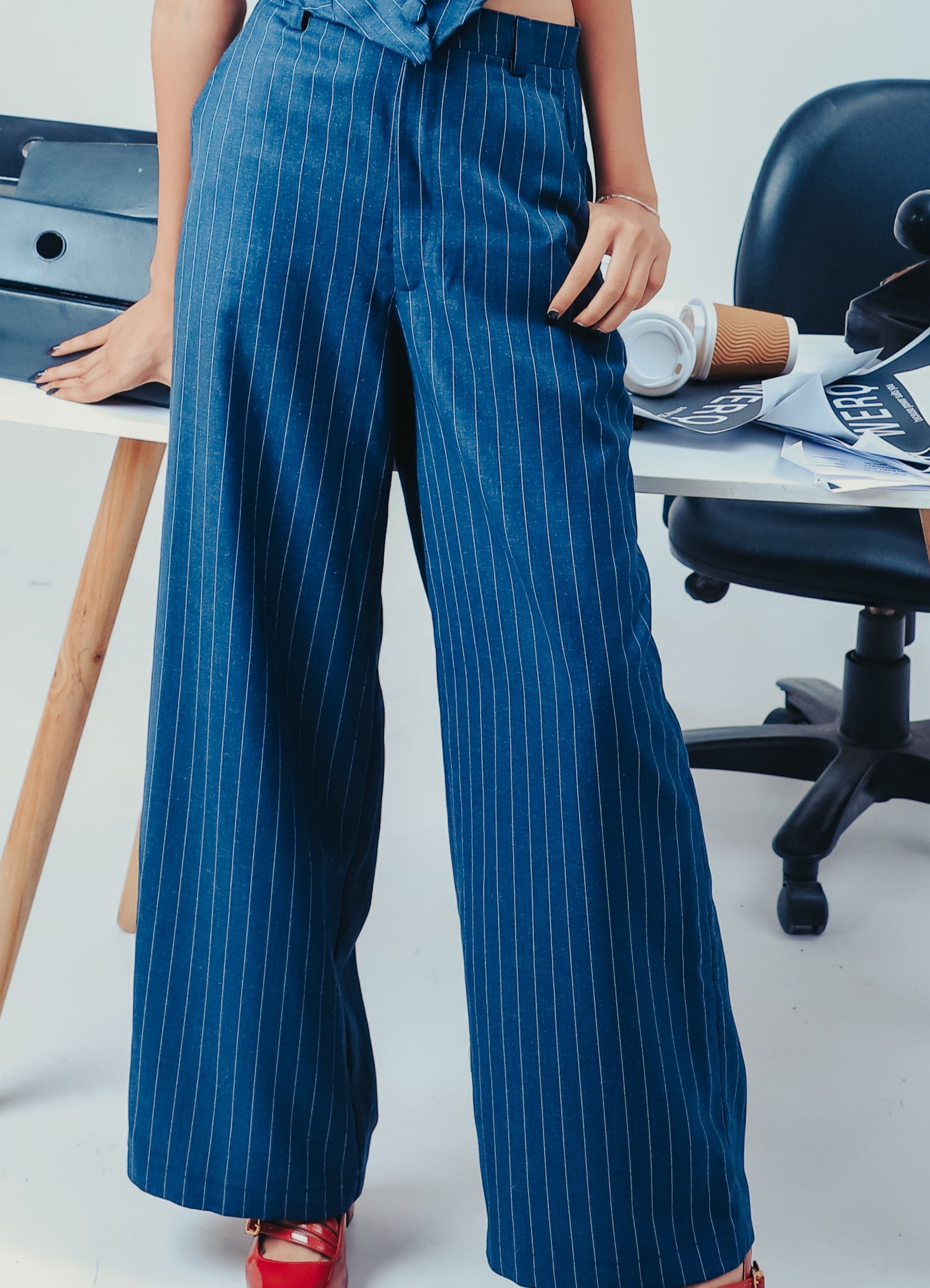 blue co-ord pant suit for women, pinstripe blazer wide-leg pants, tailored office set for women, Indian formalwear brand, workwear for women in India, smart power suit, structured co-ord outfit, boss-ready blue pantsuit, designer work outfit for Indian wo
