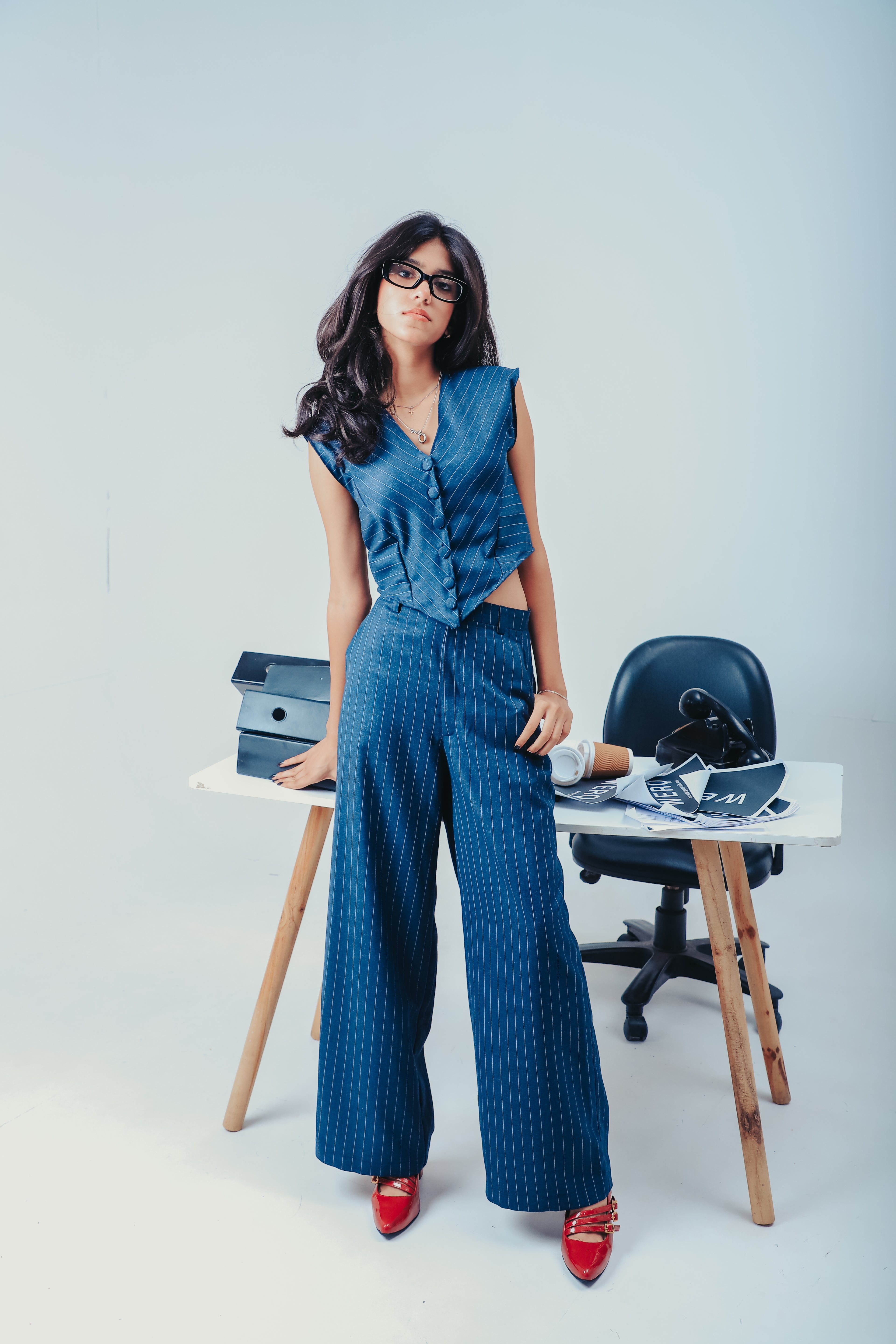 The Veto Wide-Leg Pants — Blue Pinstripes