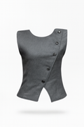 Gray pinstripes tailored top with diagonal button details by wearwerq.com